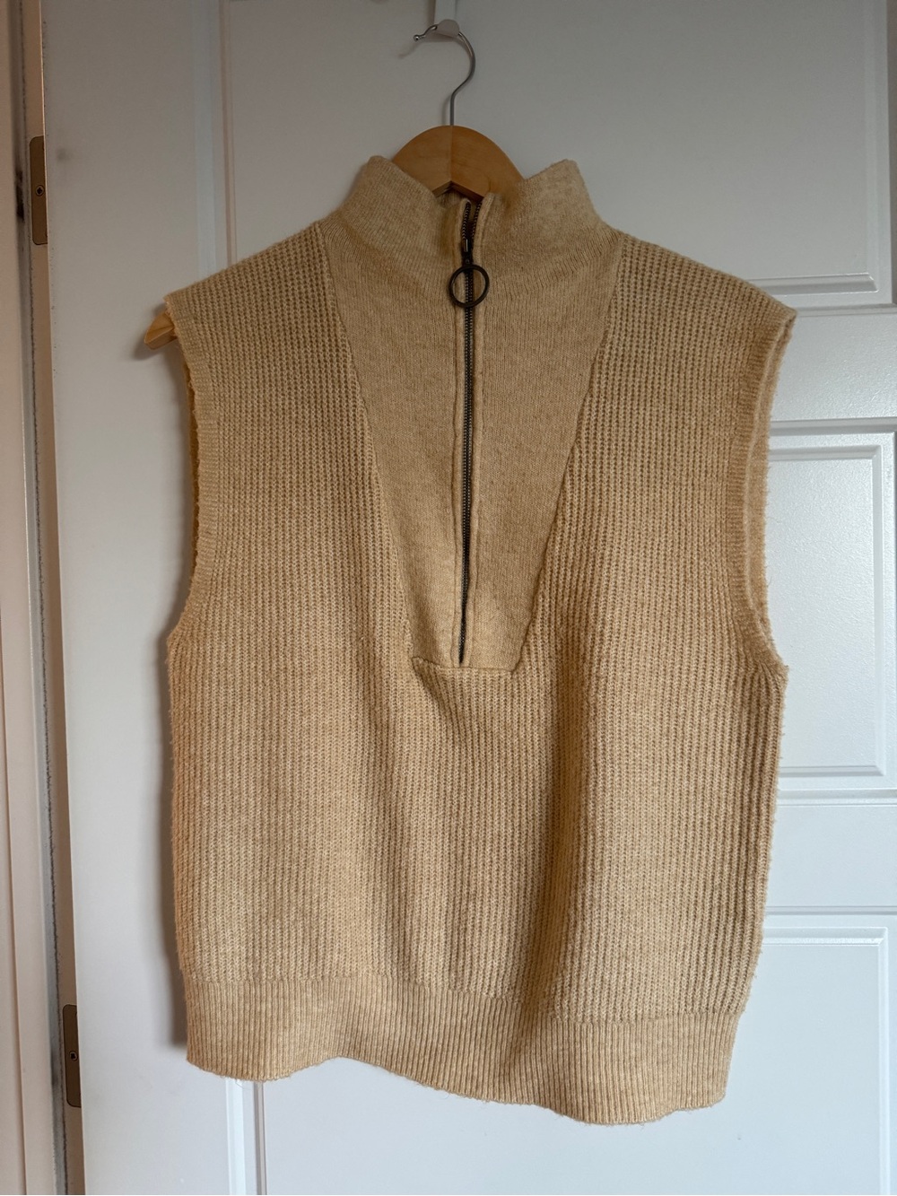Sleeveless Half-Zip Knit Sweater Vest in Beige